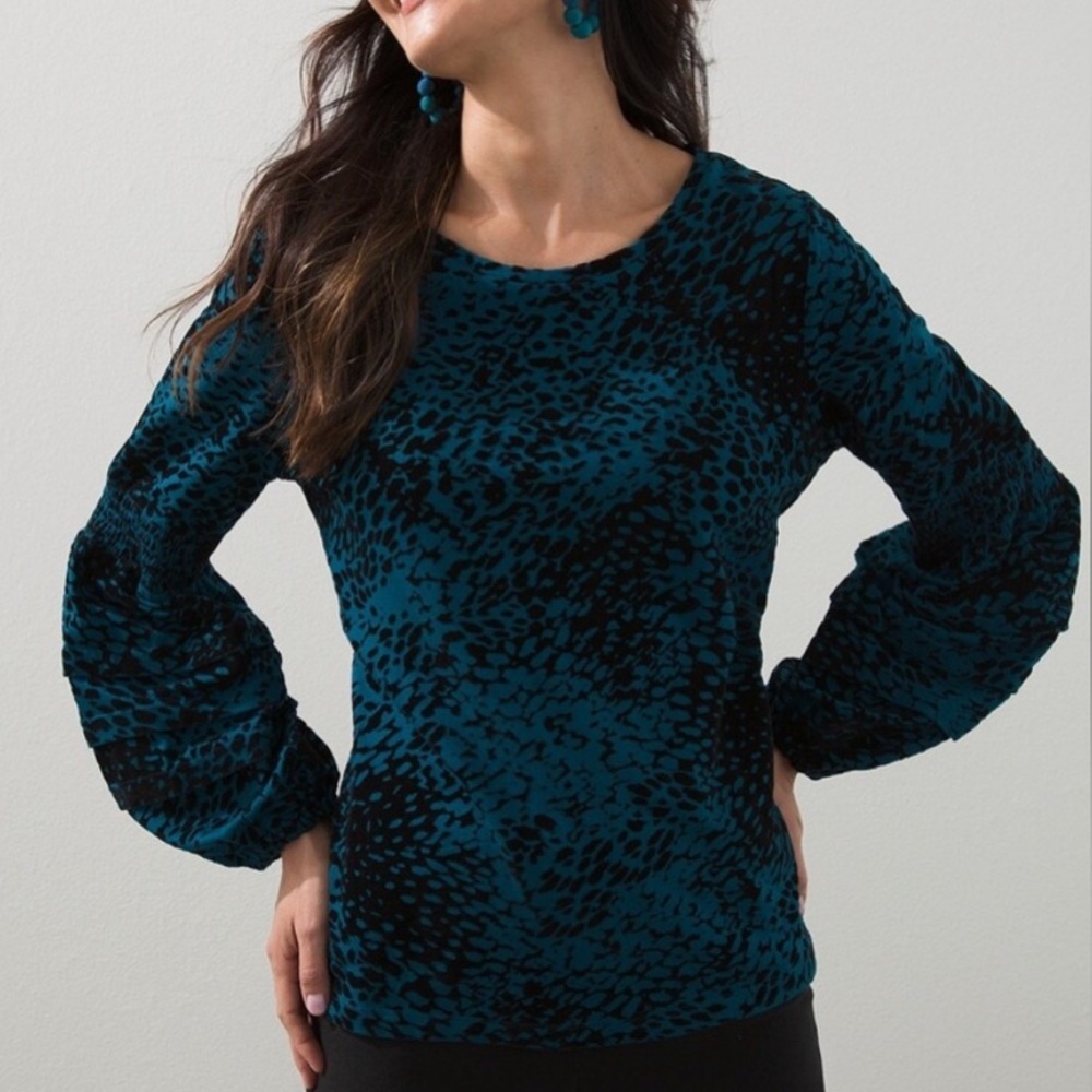 Chico’s Flocked Knit Top Striking Teal Size XXL Speckled Animal Print Artsy